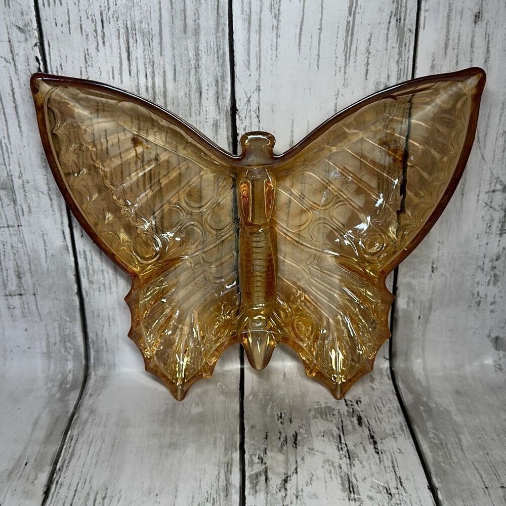 Jeanette Glass Dish Vintage Butterfly Amber Nut Candy Relish Divided Collectible